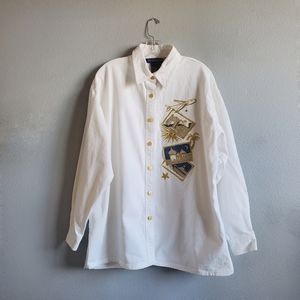 Vintage IB Diffusion White Denim Jacket/Shacket with Gold Embroidery